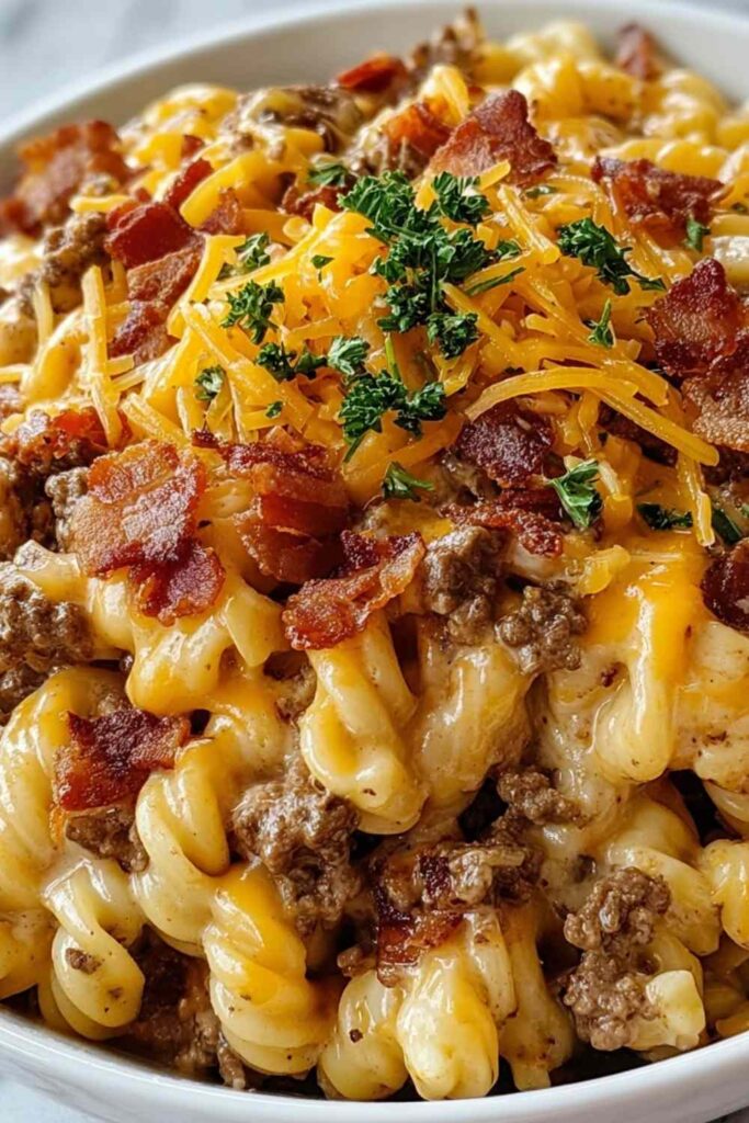 Loaded beef bacon cheeseburger pasta in a pot with melted cheese and crispy bacon