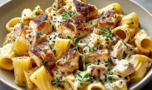Creamy Brie Chicken Rigatoni Creamy brie chicken rigatoni in a white bowl with fresh parsley garnish