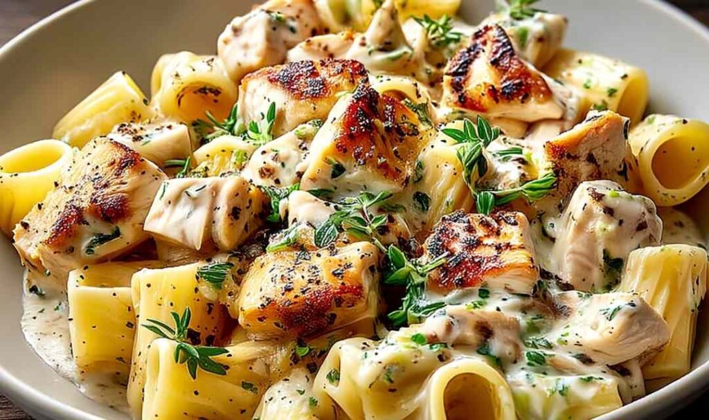 Creamy brie chicken rigatoni in a white bowl with fresh parsley garnish