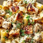 Creamy brie chicken rigatoni in a white bowl with fresh parsley garnish