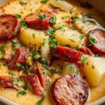 Bowl of creamy Cajun potato soup with andouille sausage garnished with fresh parsley