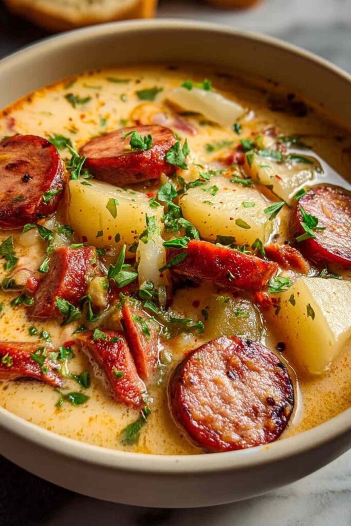 Bowl of creamy Cajun potato soup with andouille sausage garnished with fresh parsley