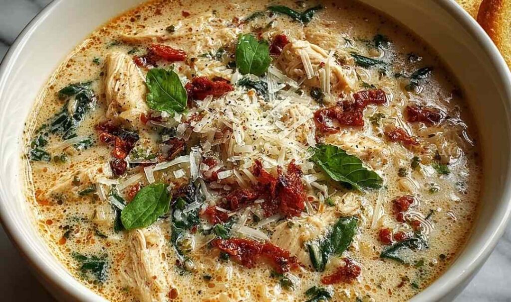 Creamy chicken parmesan soup in white bowl with breadcrumb topping and fresh basil garnish