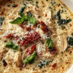 Creamy chicken parmesan soup in white bowl with breadcrumb topping and fresh basil garnish