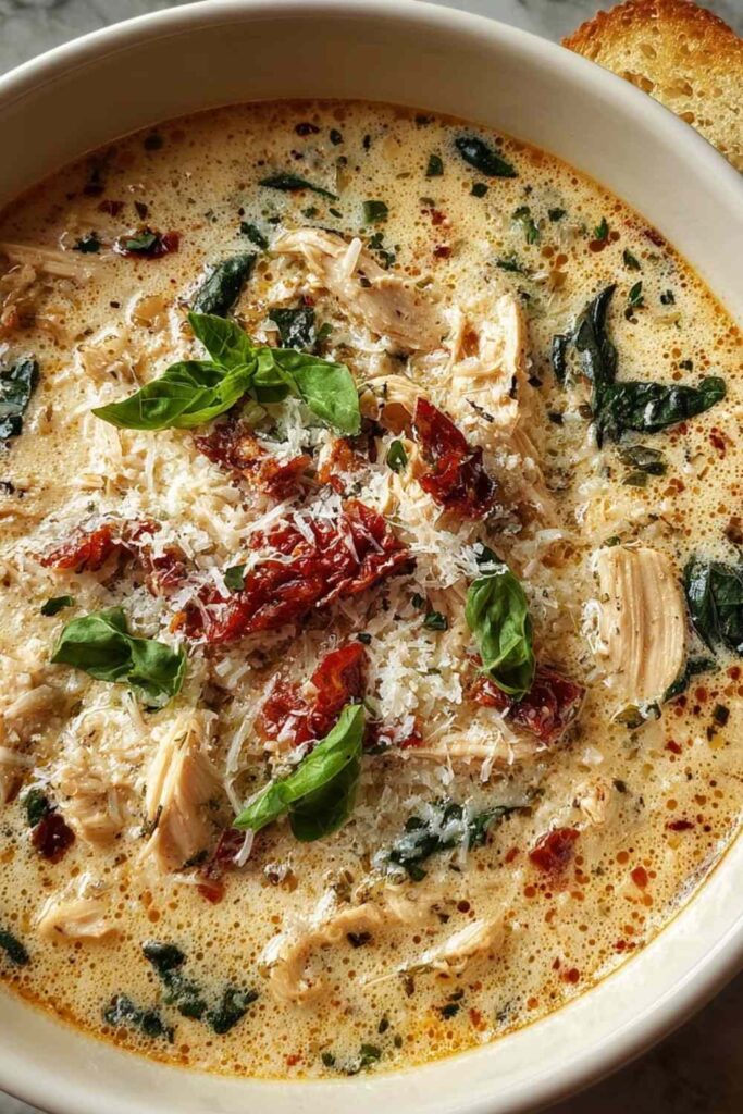 Creamy chicken parmesan soup in white bowl with breadcrumb topping and fresh basil garnish