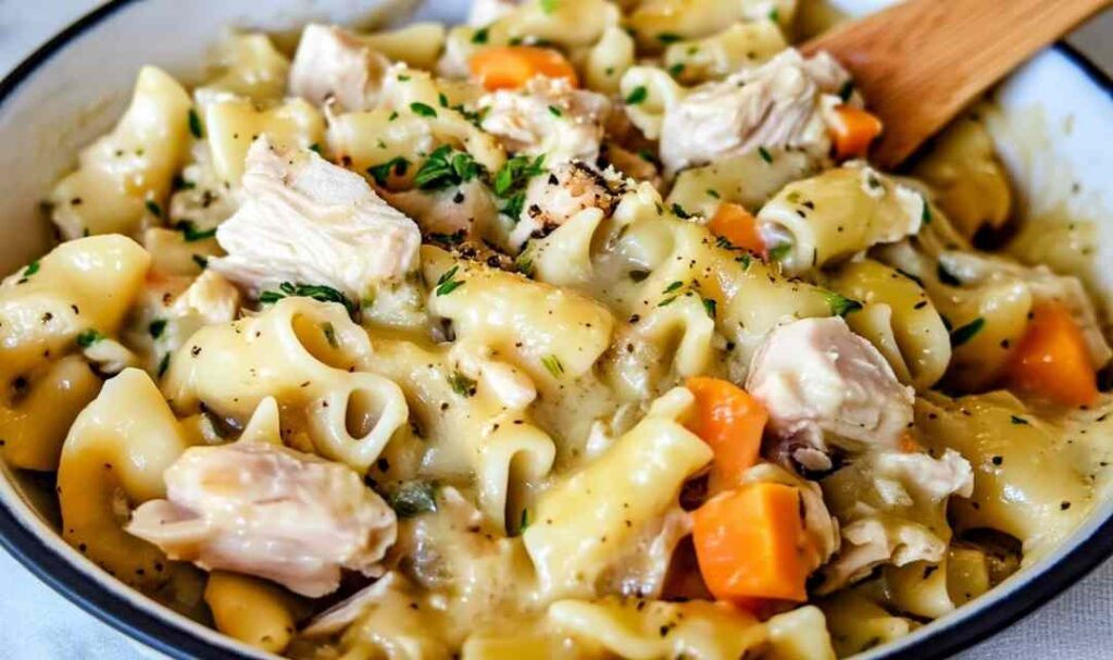 Creamy chicken pot pie pasta in a skillet with egg noodles and vegetables in rich white sauce