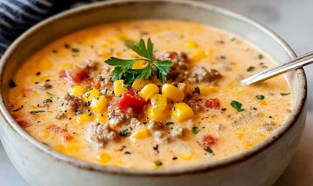 Creamy cowboy soup in a white bowl topped with cheese and sour cream