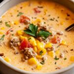 Creamy cowboy soup in a white bowl topped with cheese and sour cream