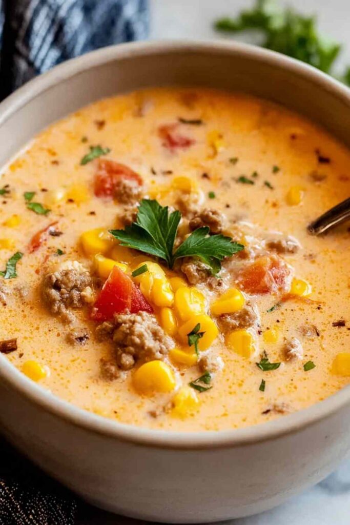 Creamy cowboy soup in a white bowl topped with cheese and sour cream