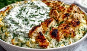 Dump and bake chicken tzatziki casserole in baking dish topped with melted cheese and fresh herbs