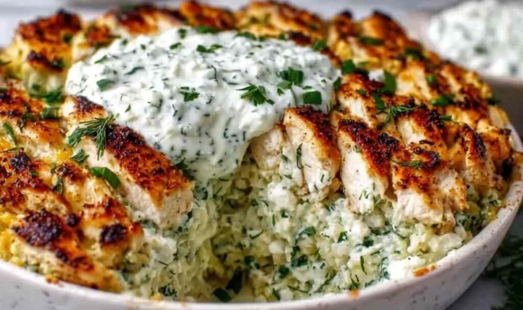 Dump and bake chicken tzatziki casserole in baking dish topped with melted cheese and fresh herbs