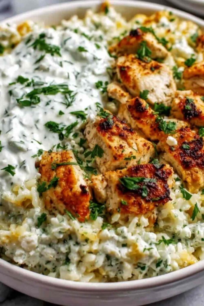 Dump and bake chicken tzatziki casserole in baking dish topped with melted cheese and fresh herbs