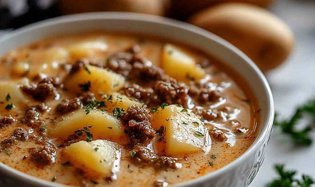 Creamy hamburger potato soup in white bowl garnished with fresh parsley and shredded cheddar cheese