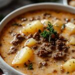Creamy hamburger potato soup in white bowl garnished with fresh parsley and shredded cheddar cheese