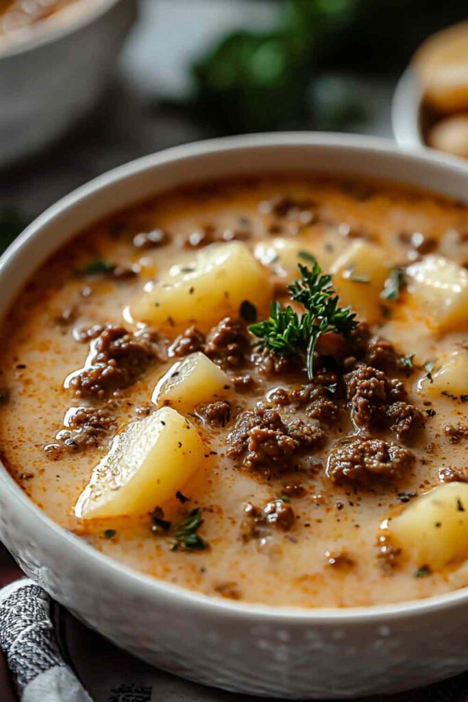 Creamy hamburger potato soup in white bowl garnished with fresh parsley and shredded cheddar cheese