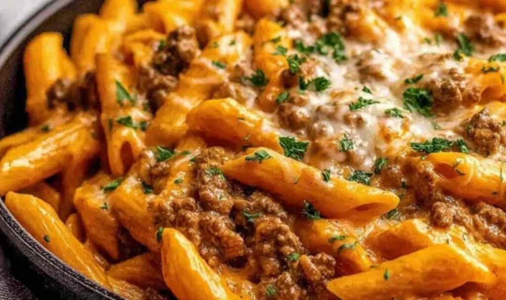 Creamy high protein beef pasta in a large skillet with melted cheese and fresh parsley