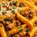 Creamy high protein beef pasta in a large skillet with melted cheese and fresh parsley