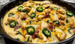Creamy jalapeno chicken skillet with melted cheese in cast iron pan