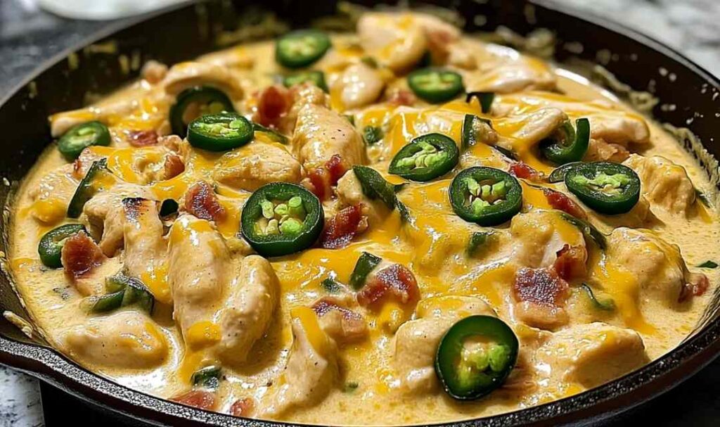 Creamy jalapeno chicken skillet with melted cheese in cast iron pan