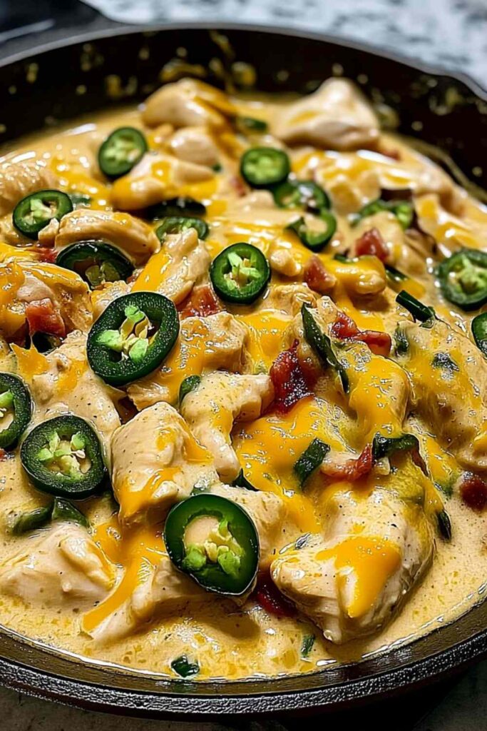 Creamy jalapeno chicken skillet with melted cheese in cast iron pan