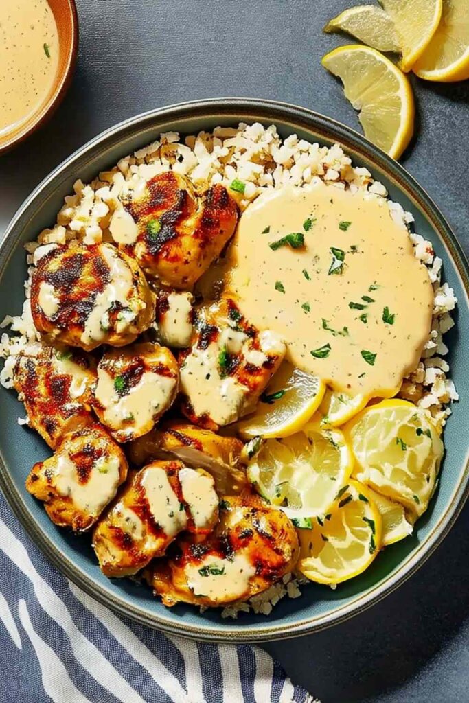 Creamy lemon butter chicken with crispy zucchini rounds and couscous on a white plate
