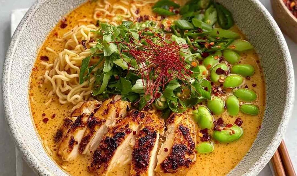 Creamy marry me chicken ramen in a bowl with sliced chicken, noodles, and garnishes