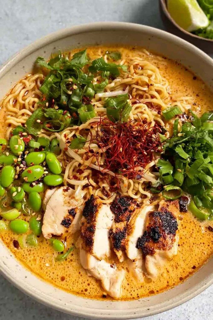 Creamy marry me chicken ramen in a bowl with sliced chicken, noodles, and garnishes