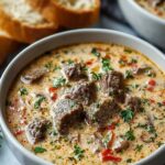Bowl of creamy philly cheese steak soup with melted provolone cheese and tender beef strips
