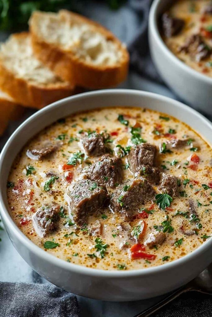 Bowl of creamy philly cheese steak soup with melted provolone cheese and tender beef strips