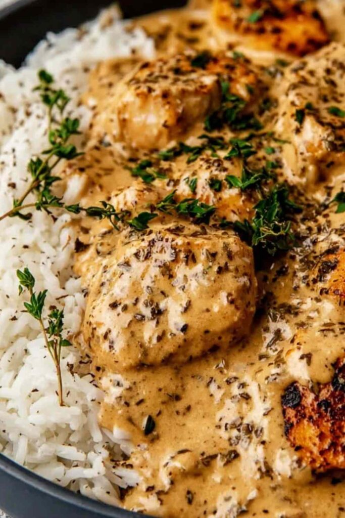 Creamy smothered chicken and rice on a white plate with parsley garnish