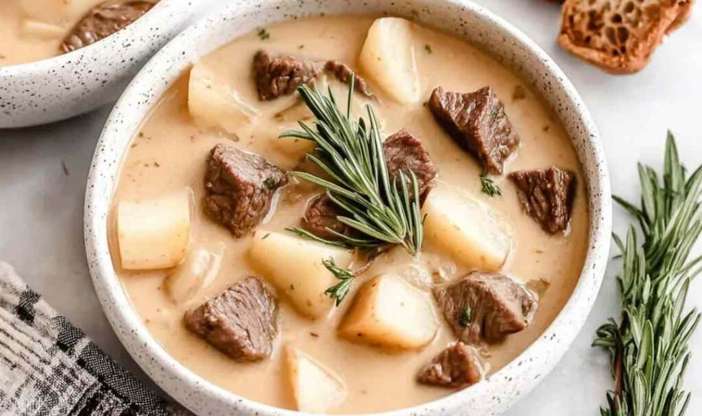 Bowl of creamy steak and potato soup with tender beef cubes