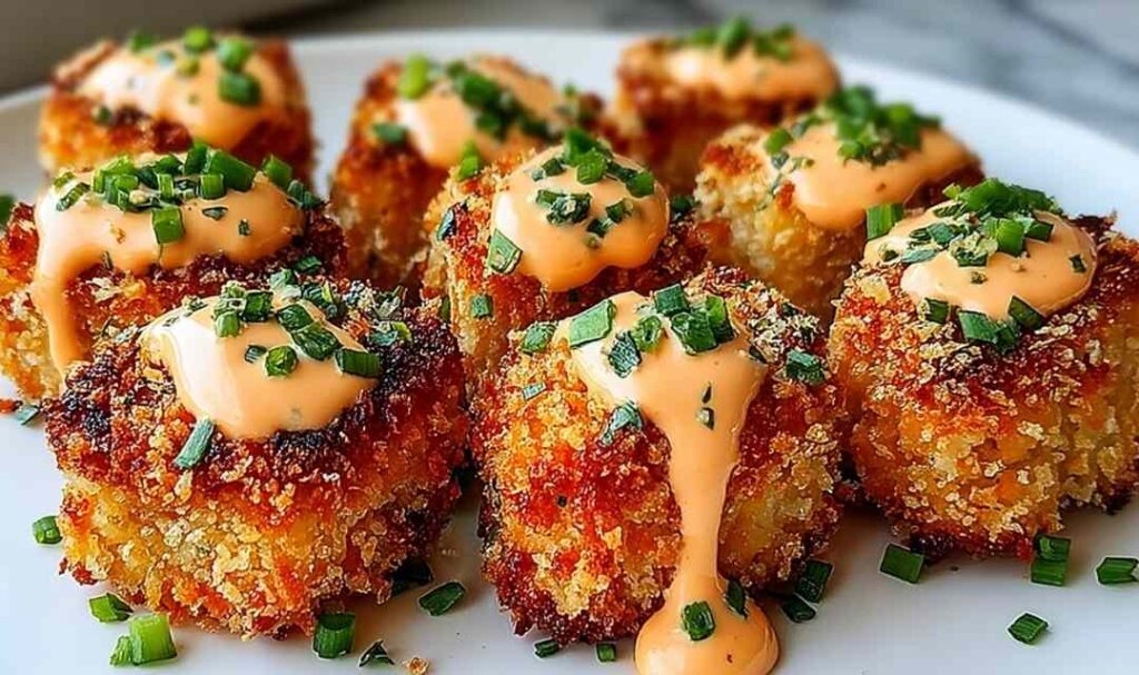 Crispy Bang Bang Salmon Bites coated in sweet chili sauce on white plate with sesame seeds