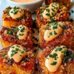 Crispy Bang Bang Salmon Bites coated in sweet chili sauce on white plate with sesame seeds