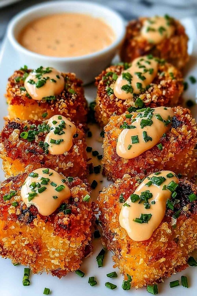 Crispy Bang Bang Salmon Bites coated in sweet chili sauce on white plate with sesame seeds