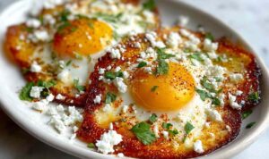 Crispy feta fried eggs on white plate showing golden cheese edges and runny yolk