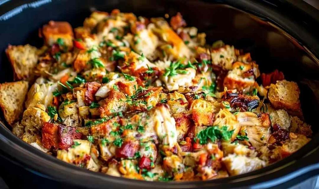 Crock Pot Chicken and Stuffing Dinner in slow cooker with tender chicken and vegetables
