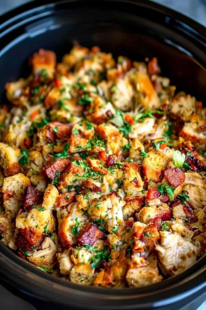 Crock Pot Chicken and Stuffing Dinner in slow cooker with tender chicken and vegetables