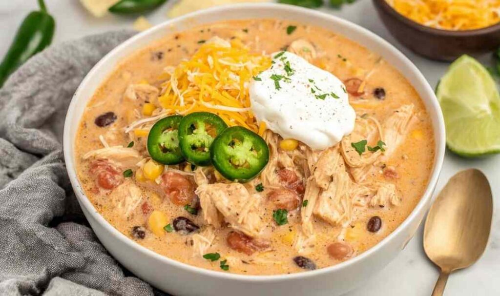 Bowl of crock pot cream cheese chicken chili topped with shredded cheese and cilantro
