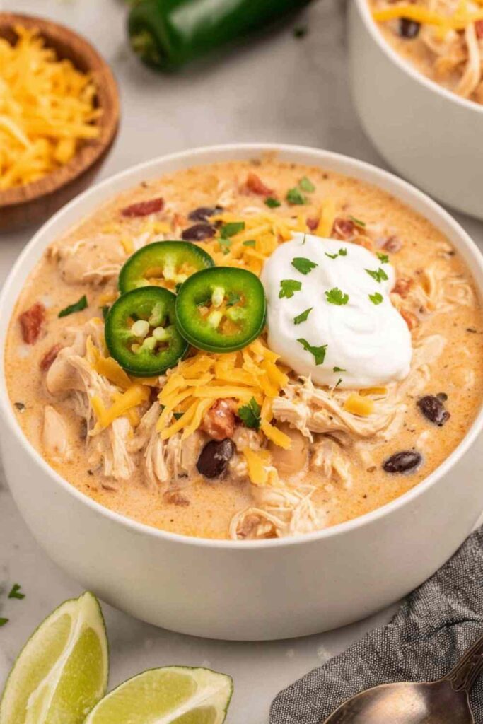 Bowl of crock pot cream cheese chicken chili topped with shredded cheese and cilantro