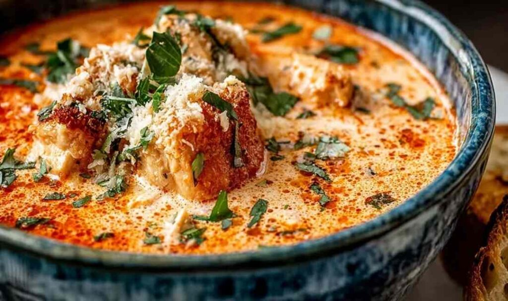 Crock pot creamy chicken parmesan soup in white bowl with fresh basil garnish