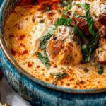 Crock pot creamy chicken parmesan soup in white bowl with fresh basil garnish
