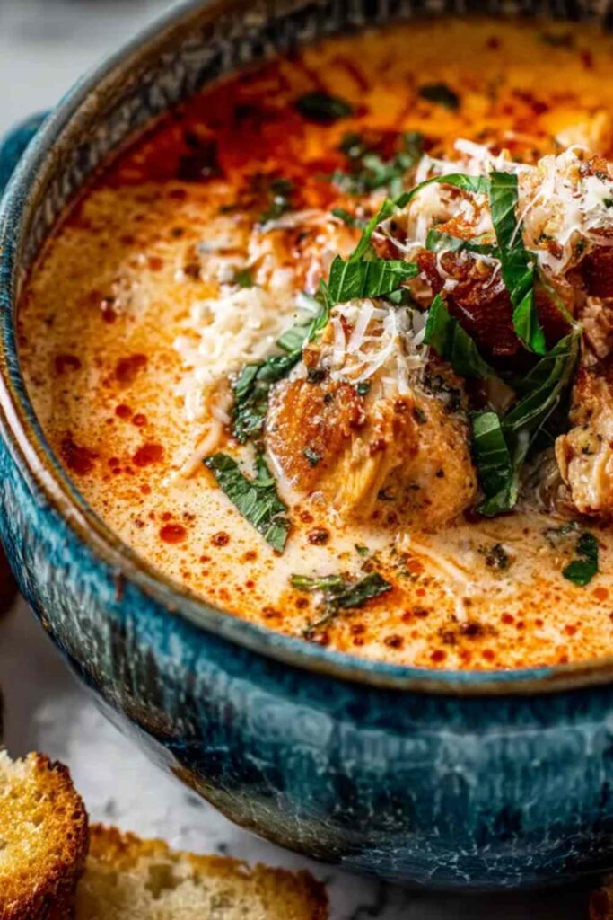 Crock pot creamy chicken parmesan soup in white bowl with fresh basil garnish