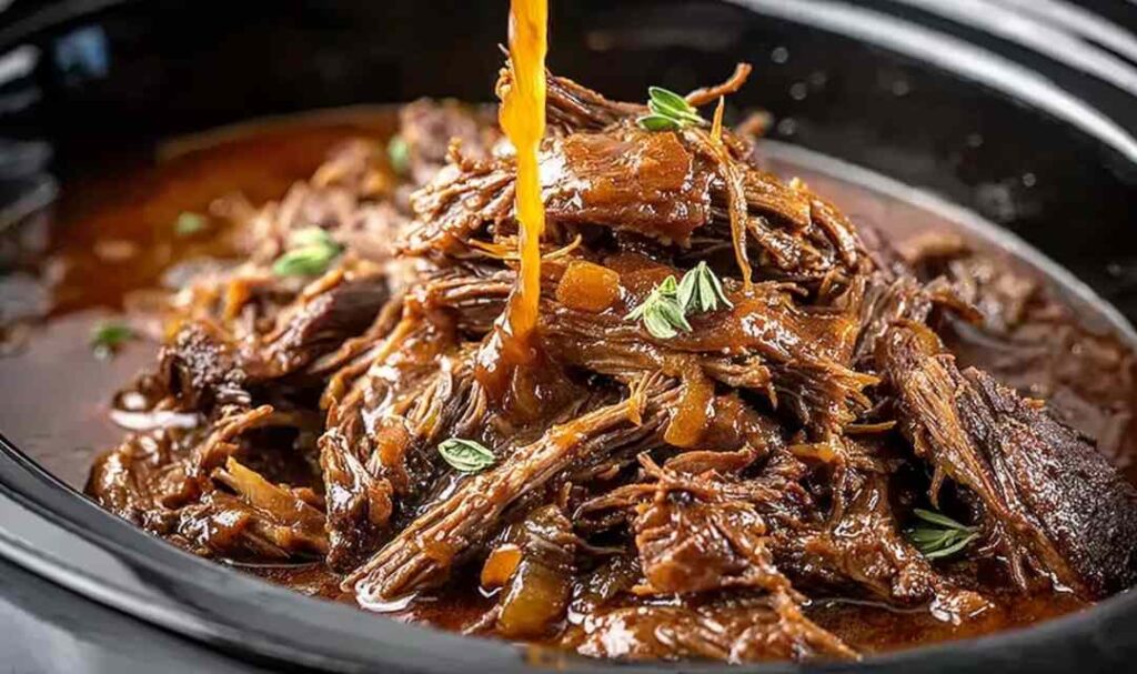 Crock pot French onion pot roast with caramelized onions and gravy