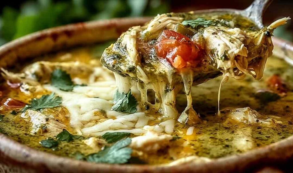 Crock-pot green enchilada chicken soup in white bowl topped with avocado cheese and cilantro