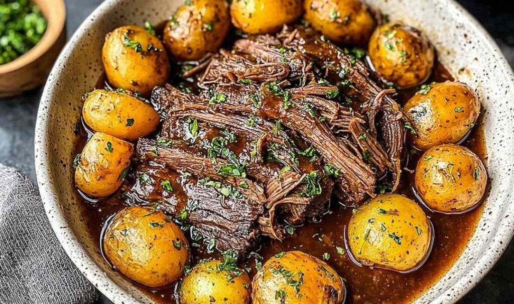 Tender Crock Pot Pot Roast with carrots and potatoes on white plate