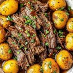 Tender Crock Pot Pot Roast with carrots and potatoes on white plate