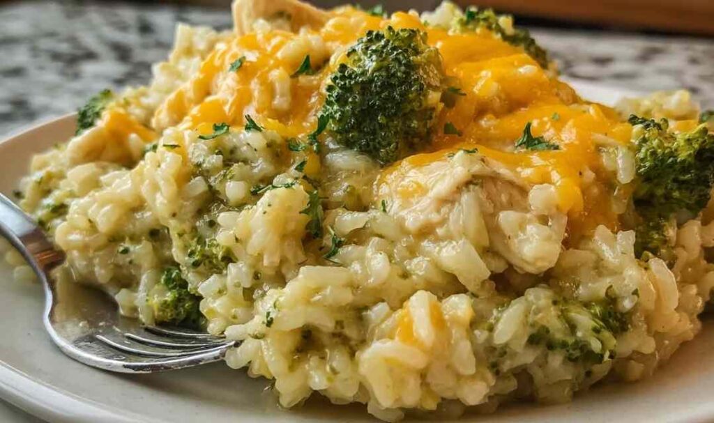 Crockpot cheesy chicken broccoli rice with melted cheddar