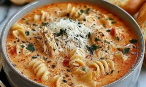 Bowl of crockpot chicken Parmesan soup with melted cheese and pasta