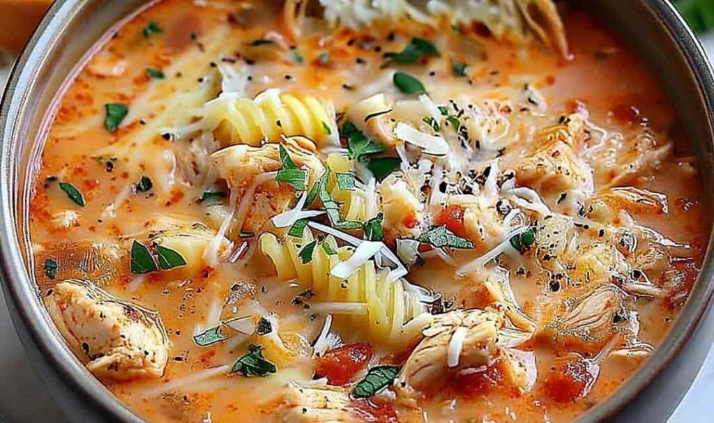 Bowl of Crockpot Chicken Parmesan Soup topped with melted mozzarella cheese and fresh basil