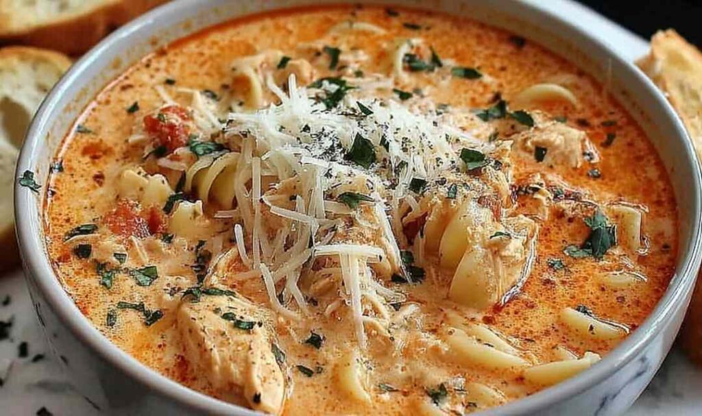 Bowl of crockpot chicken Parmesan soup with melted cheese and pasta